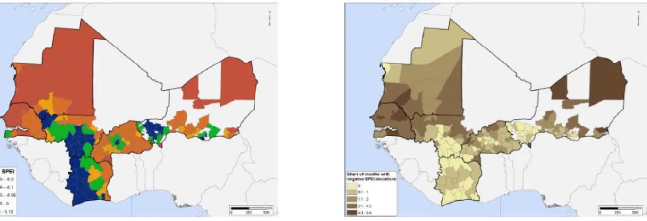 Figuur 11: Weerdata West-Afrika . Figuur links: gemiddelde SPEI index per streek in de 6 landen, Figuur rechts: schokken (2  standaard afwijkingen) in de SPEI die op droogte wijzen (Bertoli et al., 2020)