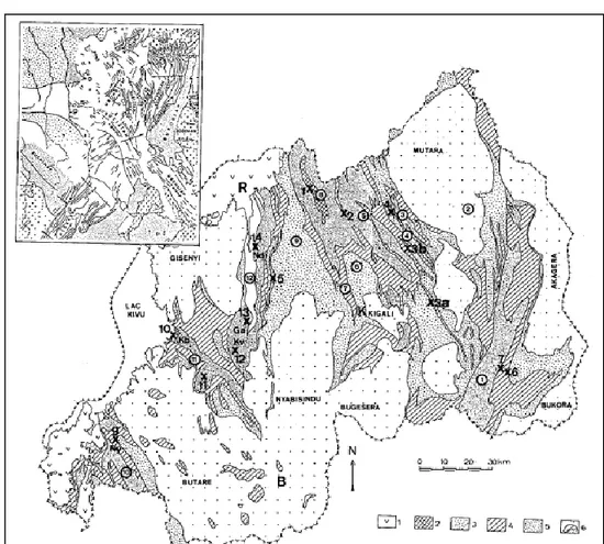 Figure 5: Simplified geological map of Rwanda. The numbers in the circles correspond to the number used in the text for the different  synclines and anticlines (Baudet et al., 1989) 