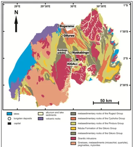 Figure 6: Geological map of Rwanda with the different lithostratigraphic units and showing the most important tungsten deposits  (Goldmann, 2013) 