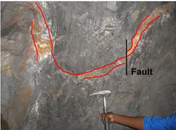 Figure 20: Folding of a quartz vein as well as a small fault  through the vein (96 m from entrance I26) 