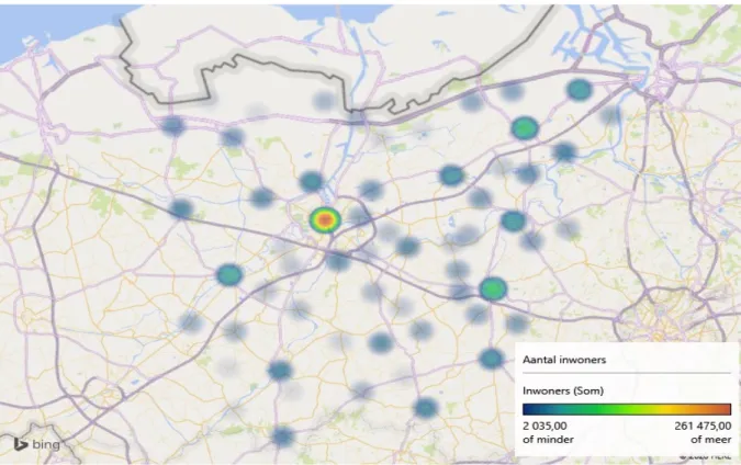 Figuur 7: heat map – aantal inwoners gemeenten Oost-Vlaanderen 