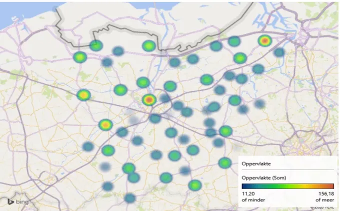 Figuur 9: heat map – oppervlakte gemeenten Oost-Vlaanderen 