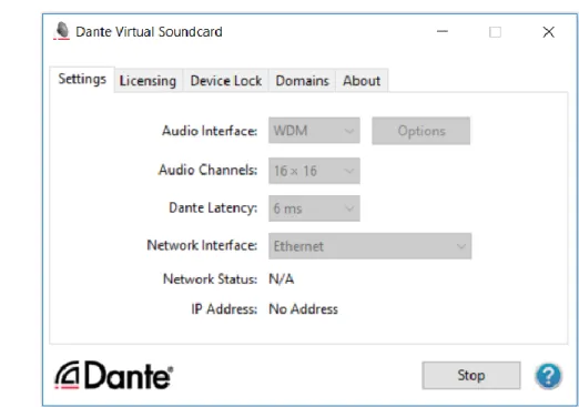 Figuur 1.3: De GUI van Dante Virtual Soundcard 