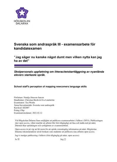 Tidigare Forskning Svenska Som Andraspråk Iii Examensarbete För Kandidatexamen 