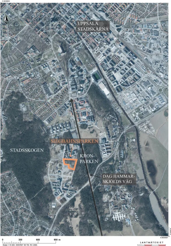 Figur  1.  Karta  över  Uppsala  stad  och  den  valda  platsen  Siegbahnsparkens  läge  i  staden