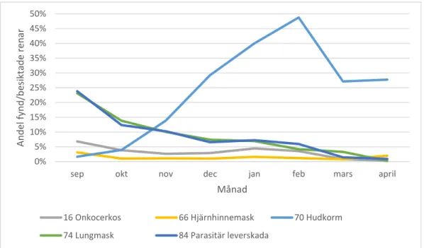 Figur  4:  Beskriver  medelandelen  fynd  av  parasitära  anmärkningar  vid  slakt  av  ren  per  antalet  besiktade renar per månad under slaktsäsongen (sep-april) i Sverige mellan 2013–2022
