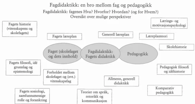 Figur 4. Ämnesdidaktik: en bro mellan ämne och pedagogik. Sjøberg 2001 sid 12. Texten i de tre skuggade  fälten, fr