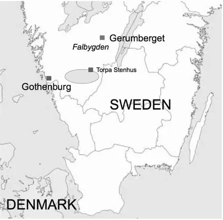 Fig. 1. Map of south Sweden, showing the Gerumberget locality in the Falbygden area were the Gerum cloak was found