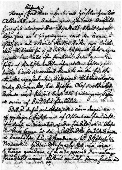 Fig. 2. Första sidan av Wallmans försvunna Birkauppsats. Den återfinns som en bilaga i ett brev till förläggare Lindh från 1850