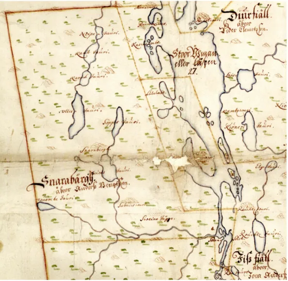 Fig. 2. Del av karta över Ume Lappmark från 1671 med lappskattelandet Snarabärgh. Notera den triangulära symbolen för huvudvistet vid Stenavan