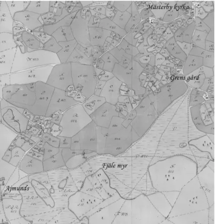 Fig. 2. Konceptkarta över Mästerby socken från 1753 med 1361-relaterade platser utsatta