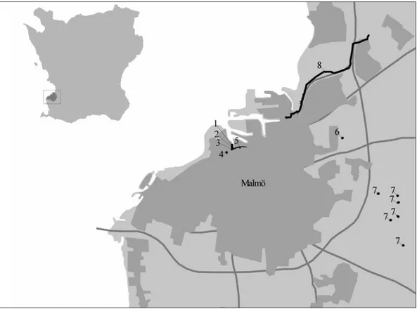 Fig. 1. Översiktskarta över sydvästra Skåne med undersökningslokalerna som nämns i texten markerade