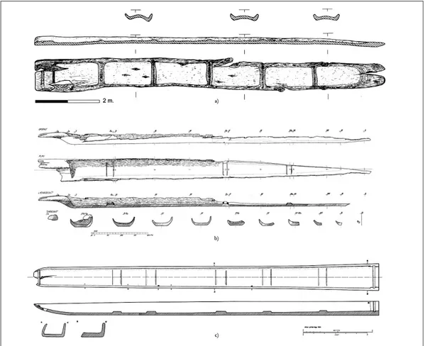 Fig. 1. Eksempler på bronzealderens stammebåde, der ofte kendetegnes ved deres udsparede spanter, rektan- rektan-gulære/trapezoide tværsnit og anselige længde