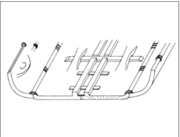 Fig. 2. Tværsnit af Doverbåden, 1500-tallet f.Kr. Bemærk de formhuggede elementer, der kan minde om en »eksploderet» og med planker udvidet  stam-mebåd
