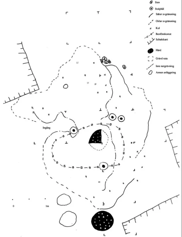 Fig. 1. Planritning över hyddlämningen A1. Av ritningen framgår vilka delar av hyddan som undersökts (gräv- (gräv-da rutor) och vilken typ av anläggningar som framkom