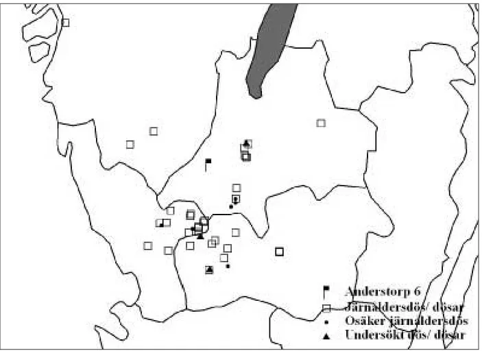 Fig. 1. Järnåldersdösarnas utbredning. —The distribution of 1st Millennium miniature dolmens.Kort meddelanden 40-45 MO:Layout 1  08-02-26  03.27  Sida 40