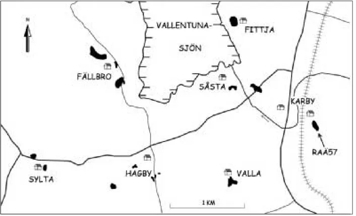 Fig. 1. Området söder om Vallentunasjön med gårdar och gravfält som kan antas vara samtida med de vid Kar- Kar-by och Sylta