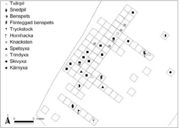 Fig. 2. Fördelningen av artefaktfynd på ertebølleboplatsen. —Spatial distribution of artefact finds at the  Ertebølle site.