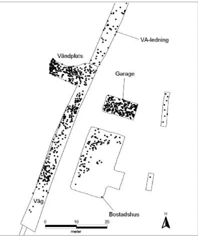 Fig. 7. Fördelningen av flinta på kongemoseboplatsen. En punkt motsvarar ett fynd. —Spatial distribution of flint at the Kongemose site.