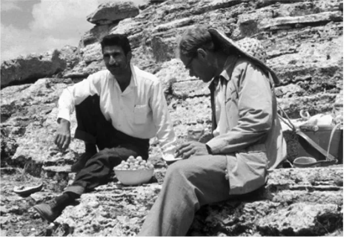 Fig. 4. Zendan-i-Suleiman, Azerbaijan. Y. Jahangir and S. Zachrisson enjoy a basket of apricots during excava- excava-tions at the Mannaean sanctuary