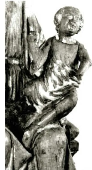 Fig. 11. Madonnan i Romfartuna, Västmanland. T. h. detalj av barnet med på 1300-talet ändrad benställning