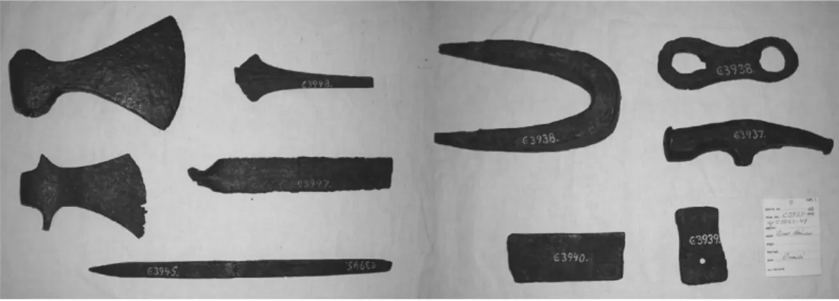 Fig. 1. Værktøjsdepot fra Aalebæk, Borremosen på Møn, NM C3933 - 3948 (med varierende målestok