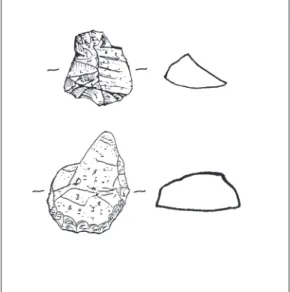 Fig. 3. Ovan: skrapa i Kinnekulleflinta från Lövgölen I (längd 18 mm), teckning av P. Gustafsson