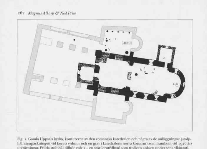 Fig. i. Gamla Uppsala kyrka, konturerna av den romanska katedralen och några av de anläggningar (stolp- (stolp-hål, stenpackningen vid korets sydmur och en grav i katedralens norra korsarm) som framkom vid ig2Ö ärs  utgrävningar