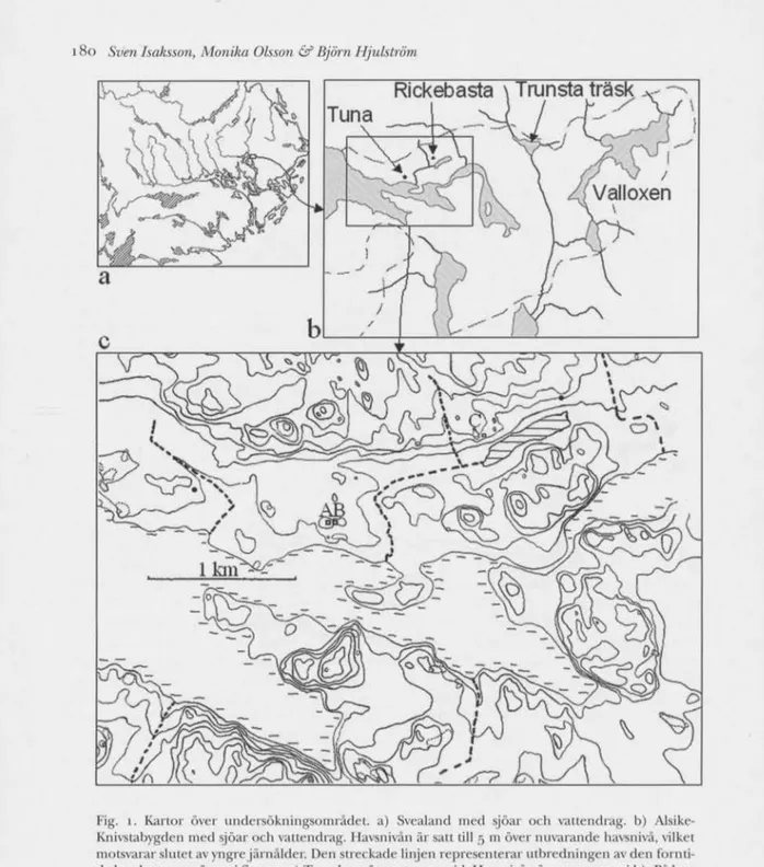 Fig. i. »Kartor över  u n d e r s ö k n i n g s o m r å d e t a) Svealand med sjöar och vattendrag, b) Alsike- Alsike-Knivstabygden med sjöar och vattendrag