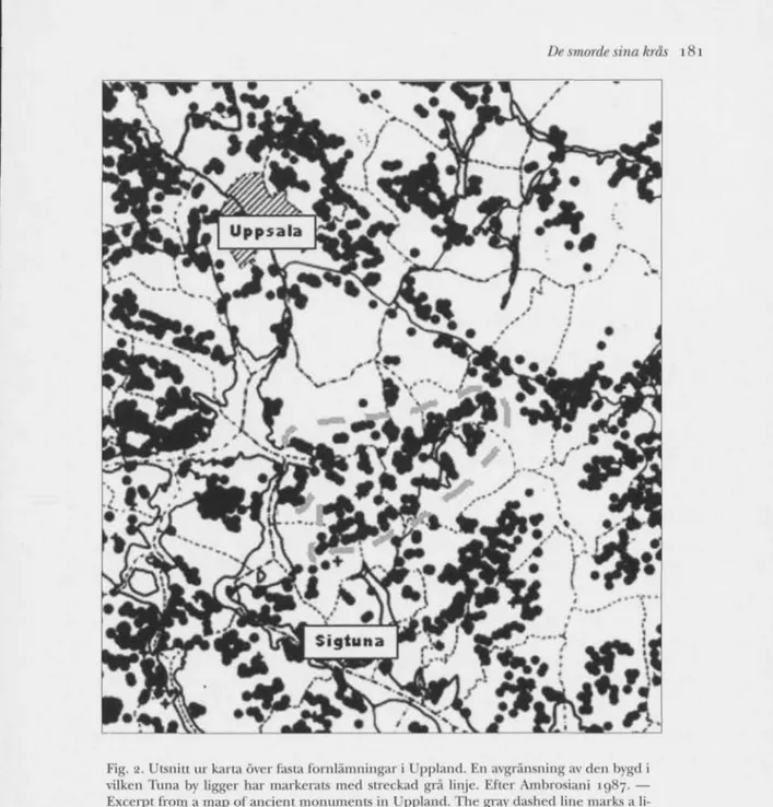 Fig. 2. Utsnitt ur karta över fasta fornlämningar i Uppland. En avgränsning av den bygd i  vilken Tuna by ligger har markerats med streckad grå linje