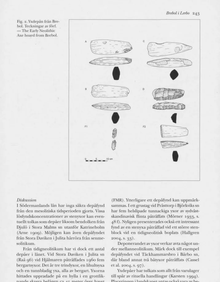 Fig. 2. Yxdepån frän Bre- Bre-bol. Teckningar av förf.  — The Early Neolithie  Axe hoard from Brebol