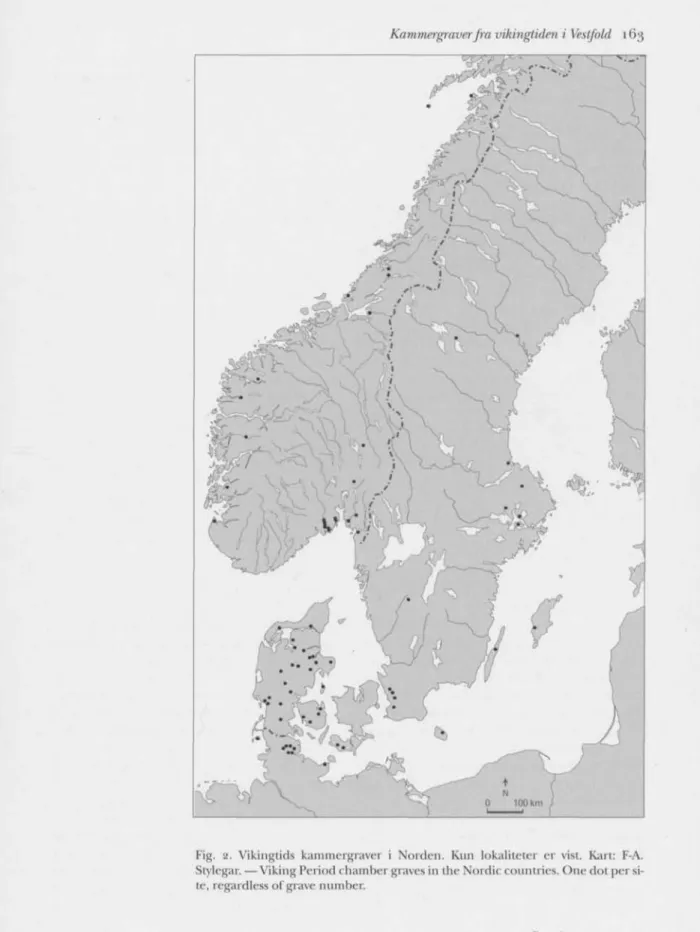 Fig. 2. Vikingtids kammergraver i Norden. Kun lokaliteter er vist Kart: F-A.  Stylegar — Viking Period chamber graves in the Nordic countries