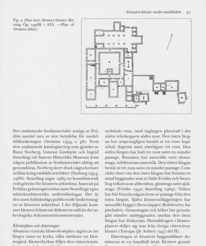 Fig. 2. Plan över Alvastra kloster. Rit- Rit-ning Ög 1938B i ATA. —Plan of  Alvastra abbey