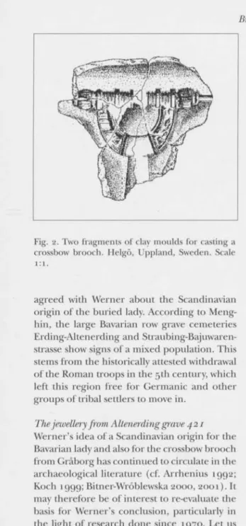 Fig. 2. Two fragments of clay moulds for casting a  crossbow brooch. Hdgö, Uppland, Sweden