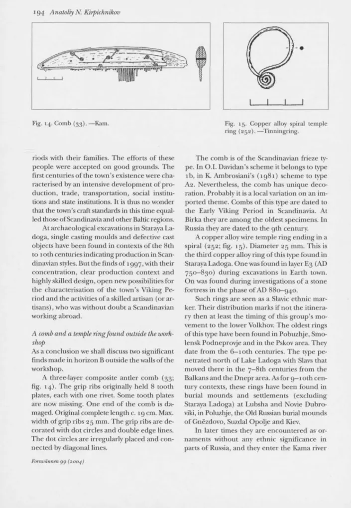 Fig. 14. Comb (33). —Kam.  Fig. 15. Copper alloy spiral temple 