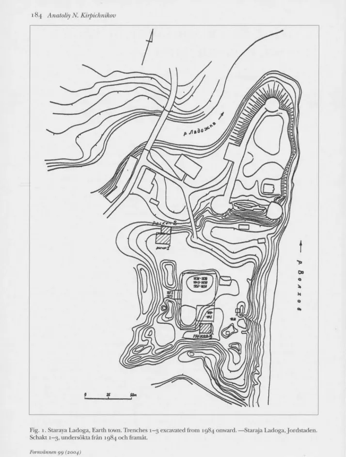 Fig. 1. Staraya Ladoga, Eardi town. Trenches 1-3 excavated from ig84 onward. —Staraja Ladoga, Jordstaden