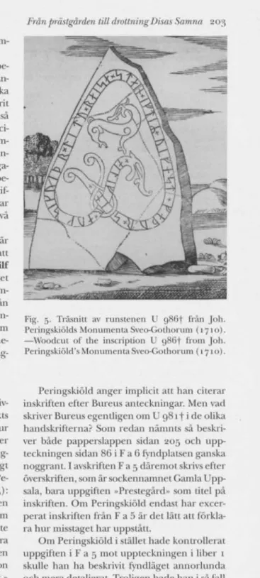 Fig. 5. Träsnitt av runstenen U gH6f från Joh.  Peringskiölds Monumenta Sveo-Gothorum (1710)