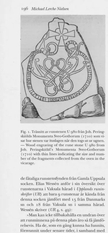 Fig. i. Träsnitt av runstenen U 980 från Joh. Pering- Pering-skiölds Monumenta Sveo-Gothorum (1710) som  vi-sar hur stenen var ituslagen när den togs ut nr ugnen