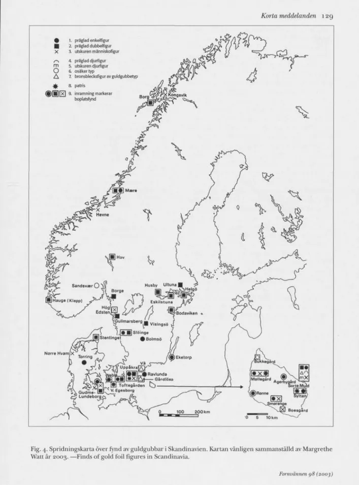 Fig. 4. Spridningskarta över fynd av guldgubbar i Skandinavien. Kartan vänligen sammanställd av Margrethe  Watt år 2003