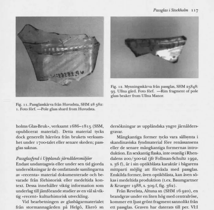 Fig. 12. Mynningsskärva från passglas, SHM 25848:  93. Ullna gård. Foto förf. —Rim fragment of pole  glass beaker from Ullna Manor