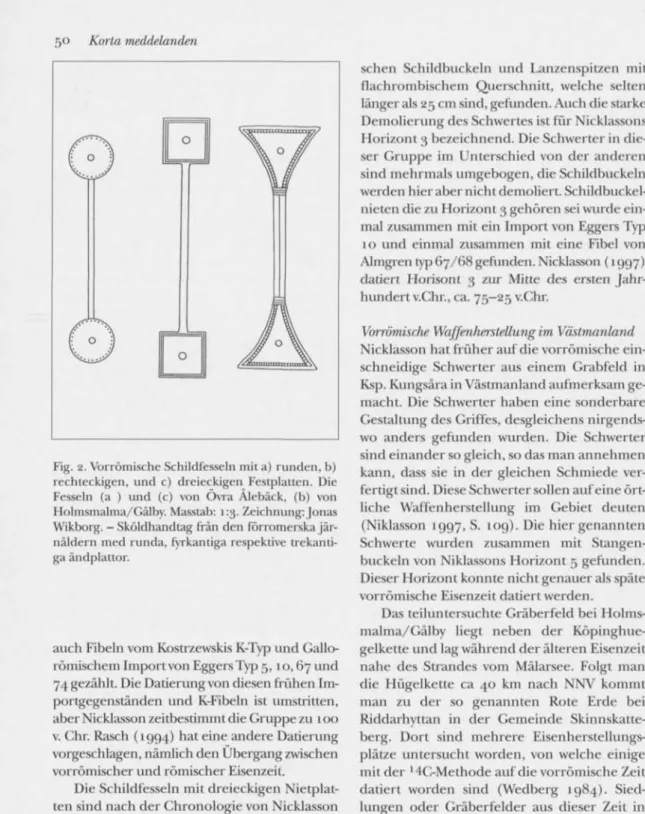 Fig. 2. Vorrömischc Schildfesseln mit a) runden, b)  rechteckigen, und c) dreieckigen Festplatten
