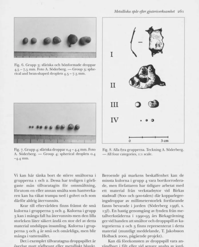 Fig. 6. Grupp 3; sfäriska och bönformade droppar  4,5 - 7,5 mm. Foto A. Söderberg. — Group 3;  sphe-rical and bean-shaped droplets 4.5 - 7.5 mm