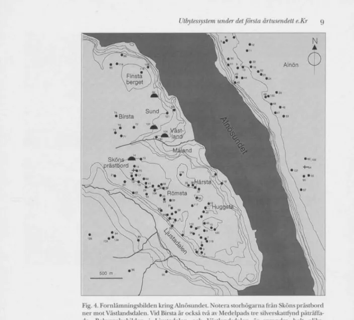 Fig. 4. Foriilämningsbildcn kring Alnösundel. Notera storhögarna Iran Sköns prästbord  ner mot Västlandsdalen