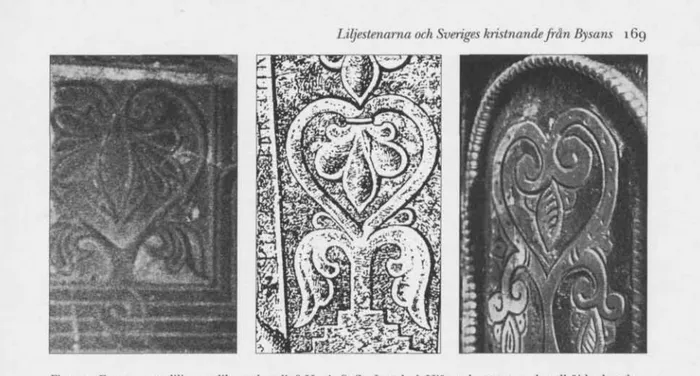 Fig. 2. a. Fragment av liljestensliknande relief, Hagia Sofia, Istanbul. Hjärtpalmetten med nedböjda skott har  en motsvarighet på liljestenen i Skara domkyrka