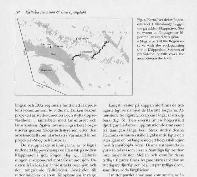 Fig. 5. Karta över del av Rogen- Rogen-området. Hällmålningen ligger  ute på udden Kläppnäset