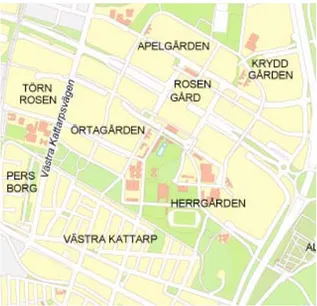 Figur 1. Stadsdelen Rosengårds delområden. Källa: Malmö StadsAtlas 2010.