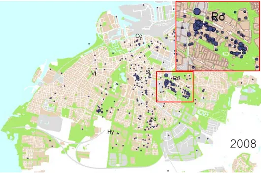 Figur 4. Antal bränder i Malmö och Rosengård 2008 med räddningstjänstinsats. Brand i  byggnad