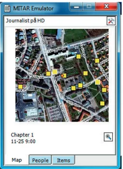 Figure 2. Smart phone  screen view for the journalist  with NPCs (quadratic dots)  to interview