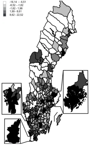 Figur 1. Befolkningsförändring i landets kommuner 2000-2010, andelar som  kvintilindelning (mörka områden innebär stark positiv befolkningstillväxt)