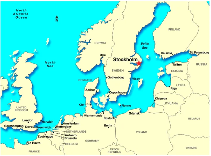 Figure 1: Map of Northern Europe showing geographical location of study setting, Stockholm County, Sweden  denoted by the red star